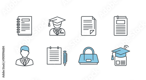 Educational icons representing learning knowledge and academic achievement