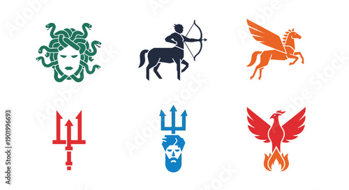 Mythological creatures and symbols vector icons of ancient mythology
