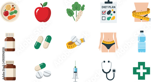 Diet Plan and Healthy Lifestyle Icon Set with Nutrition Weight Loss Medicine Fitness Measurement and Medical Care Symbols