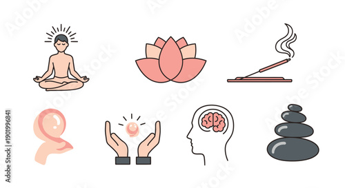 Meditating man with lotus and incense symbols of calm and well being