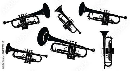 A collection of black trumpet silhouettes arranged in a dynamic composition on transparent background high quality professional detailed modern elegant stylish