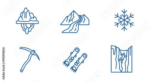 Winter adventure icons iceberg mountains snowflake and climbing gear
