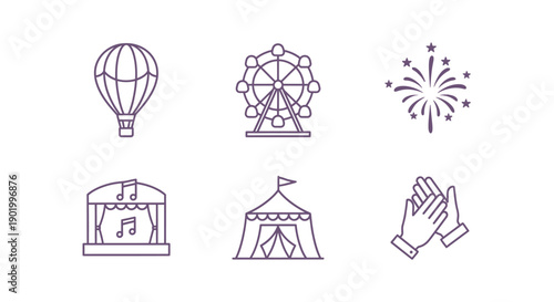 Amusement park icons hot air balloon ferris wheel fireworks theater and hands