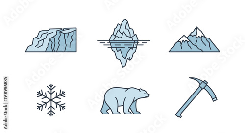 Arctic icons set icebergs mountains polar bear snowflake and ice axe