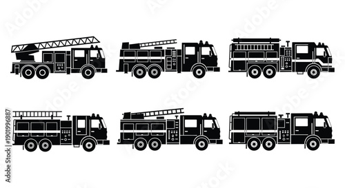 A collection of six black fire truck silhouettes showcasing varying designs on transparent background high quality professional detailed modern elegant stylish