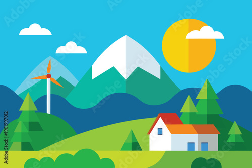 A colorful flat design illustration depicts a picturesque sustainable landscape with a cozy house and wind turbine near majestic mountains