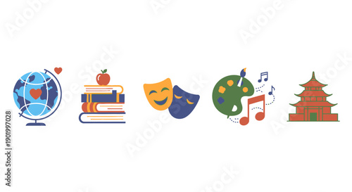 Educational icons representing global knowledge arts literature and culture