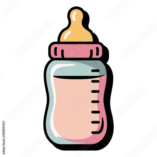 Close-up illustration of a pink baby feeding bottle filled with milk formula for infant.