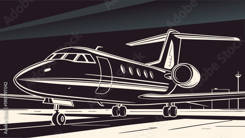 Vintage inspired artwork showing a private airplane on a runway with dramatic lighting effects