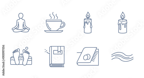 Relaxation and meditation icons coffee candle book and water symbols