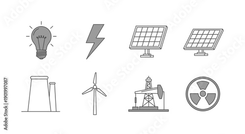 Energy sources icons solar panels wind turbine power plant and more