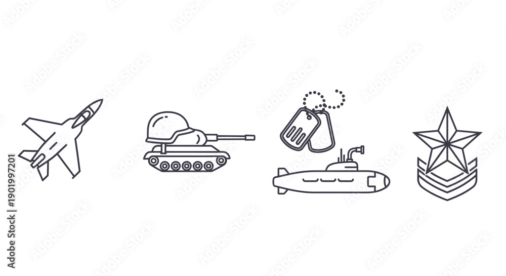 Fototapeta premium Military icons set jet tank dog tags submarine and star symbol