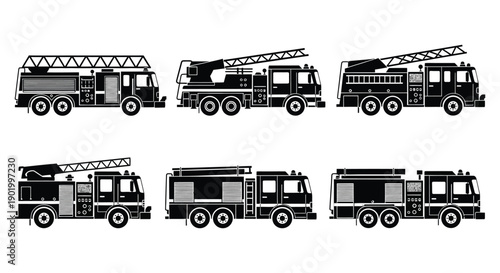 A collection of six black fire trucks depicted in various views on transparent background silhouette high quality professional detailed modern elegant