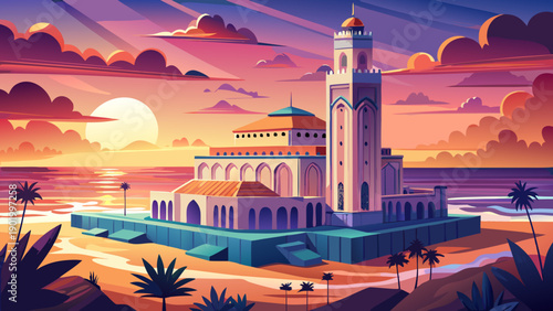 Very beautiful sunset view of Hassan II Mosque in Casablanca, showcasing grand Islamic architecture, oceanfront location, glowing sky, and Morocco’s spiritual and cultural landmark.