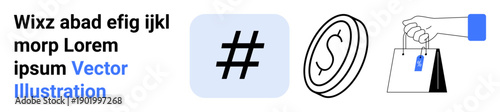 metadata tag sign in blue box, coin with dollar sign, and hand holding shopping bags. Ideal for social media, e-commerce, finance, online marketing, digital payments, branding simple landing page