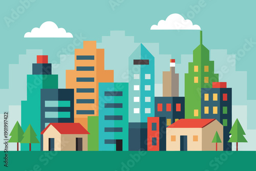 A colorful flat design urban landscape showcasing a bustling city with tall buildings and small houses
