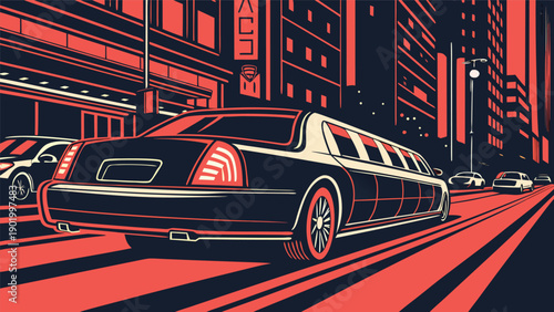 Retro style graphic illustration of a sleek black limousine cruising through a vibrant red city night