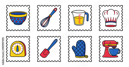 Flat Vector Kitchenware and Baking Equipment Postage Stamp Collection for Culinary Design and Gastronomy Branding