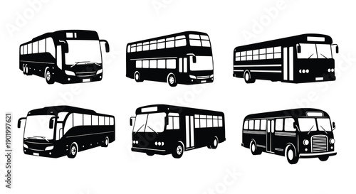 A collection of six black bus silhouettes in various styles ideal for design projects on transparent background high quality professional detailed