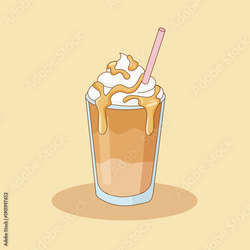 Iced Caramel Frappe with Whipped Cream and Pink Straw Illustration