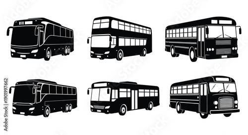 A collection of six black buses in various styles presented as vector graphics on transparent background silhouette high quality professional detailed