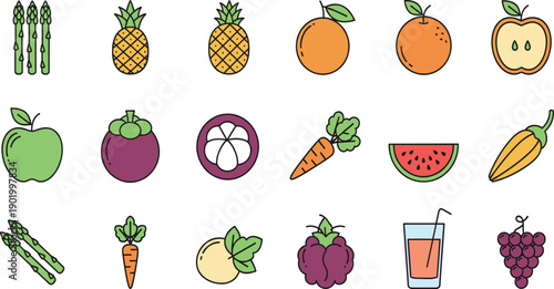 Fruit and Vegetable Icon Vector Set with Apple Pineapple Orange Carrot Watermelon Grapes Asparagus and Healthy Food Symbols