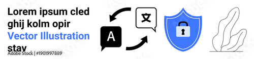 Language services, cybersecurity, translation tools, data protection, online safety, secure communication. Icons of text translation and a shield with a lock. Language services and cybersecurity
