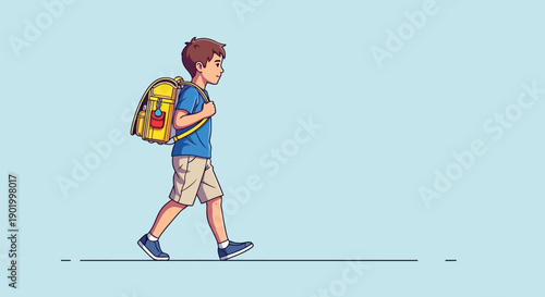 A young boy walking with a colorful backpack on his back