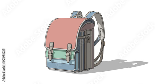 A colorful backpack with a pink flap and gray straps