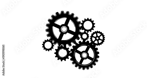 Interlocking gear wheels representing industrial labor symbol in black and white