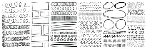Set of Pencil or Marker underlines and strikethrough, scribble emphasis lines, circles, ovals and crosses. Hand drawn doodle design elements. 