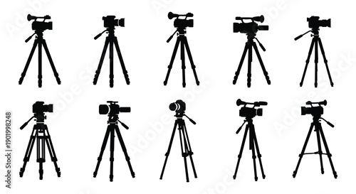 A collection of nine black silhouettes depicting various video cameras mounted on tripods on transparent background high quality professional detailed modern