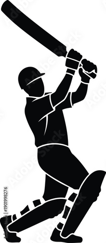 A black silhouette of a cricket player hitting a ball