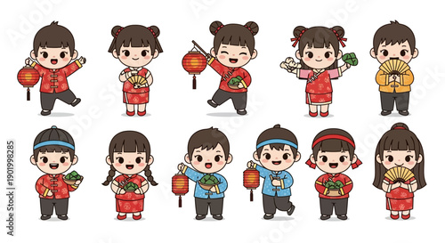 Cute cartoon Chinese children celebrating traditional festival with lanterns and fans, dressed in festive attire.