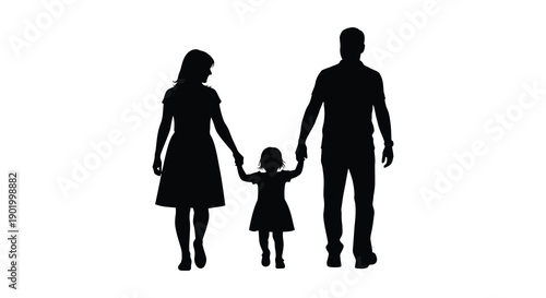 A family of three including a mother father and young daughter walking hand in hand on transparent background silhouette high quality professional detailed