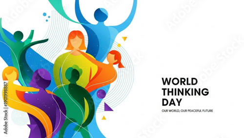 Vibrant world thinking day poster with diverse people celebrating our world our brighter future