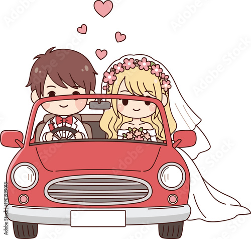Cartoon newlywed couple driving red convertible car with hearts and bouquet for wedding celebration, love themes, and romantic illustration design.