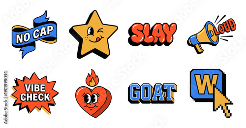 Gen Z Slang Sticker Set with Retro Cartoon Characters