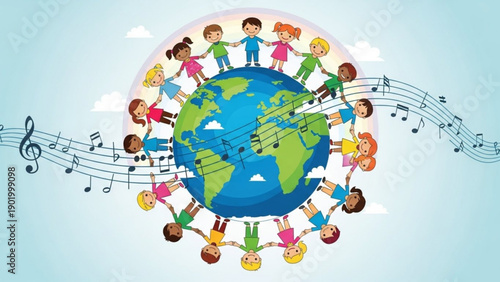Diverse children holding hands around the earth with musical notes symbolizing global unity and friendship through music