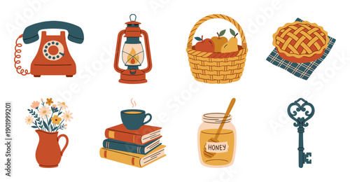 Vintage Hygge Vector Illustration Set in Warm Colors