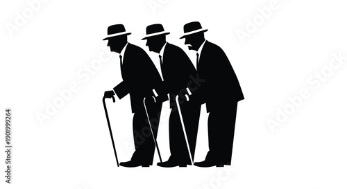 Three elderly men in fedoras and suits walk with canes a striking silhouette on transparent background high quality professional detailed modern