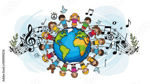Diverse children holding hands around the earth with music notes and peace symbols