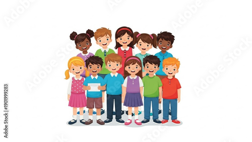 Diverse group of happy children standing together in colorful clothes on white background smiling and looking friendly