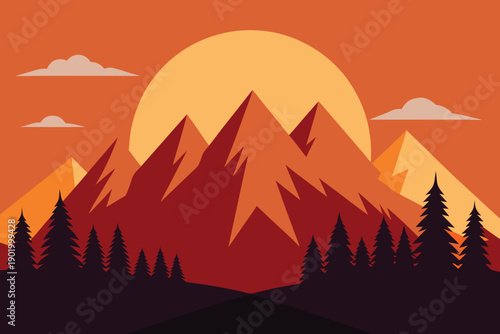 A picturesque flat vector illustration shows a vibrant sunset over a dramatic mountain panorama with tall pine trees