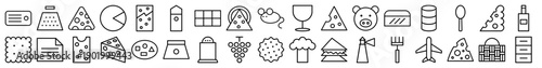 Dairy and pantry line icon set. Vector pictograms of cheese, grater, crackers, wine, grapes, mouse, fork, spoon, aircraft, and lighthouse, thin outline illustration.