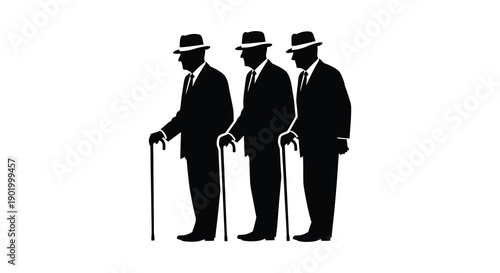 Three suited men with hats and canes stand in a row a striking image on transparent background silhouette high quality professional