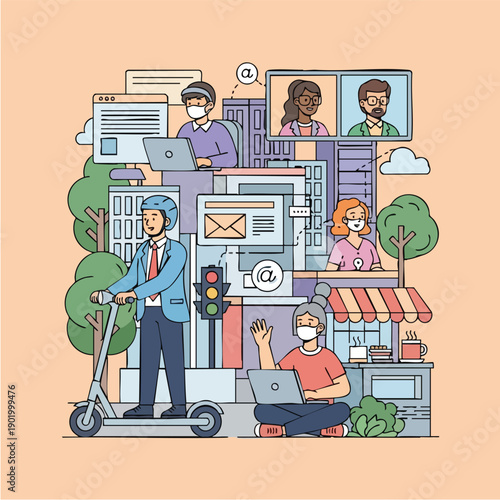 People working remotely and communicating online in a modern city setting.