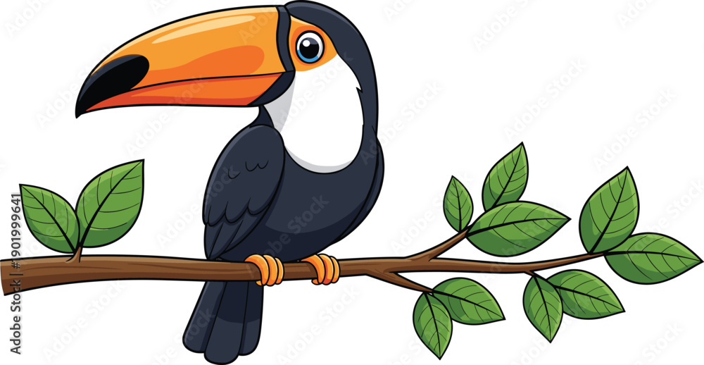 Fototapeta premium Cartoon toucan illustration perched on tree branch with colorful beak and tropical leaves for wildlife education, children’s books, and biodiversity themes.