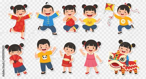 Cute cartoon Chinese children in traditional attire celebrating various cultural activities and festive occasions.