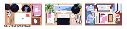Clean computer tables top view set. Tidy desks with laptops, stationery, notes, books, items and papers. Organization of office workplaces overhead. Perfect workspace. Flat vector illustrations